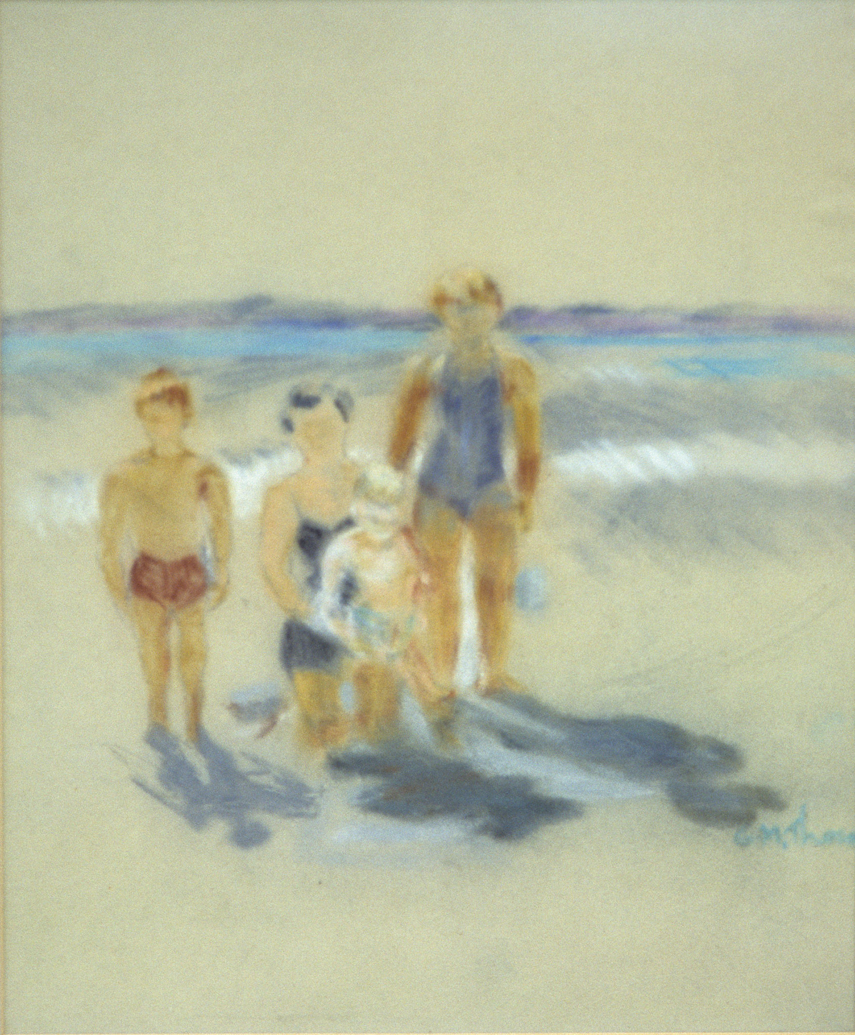 Mary, Diana, Nicolas, Mark On Beach , GMT 007. Pastel.