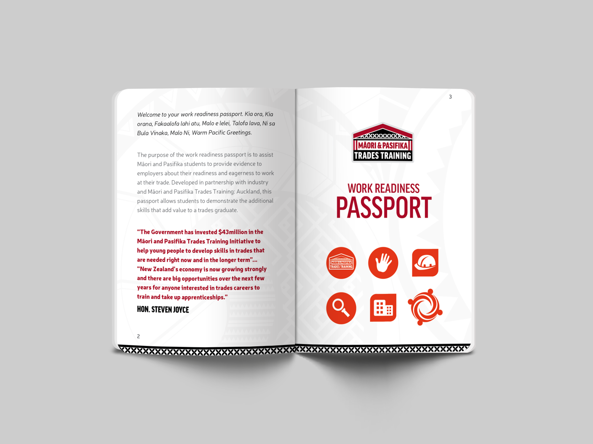 Inside pages with watermarks for Maori and Pasifika Trades Training Passport. Concept and Design by Tarin Persson at Plush Creative. www.plushcreative.co.nz
