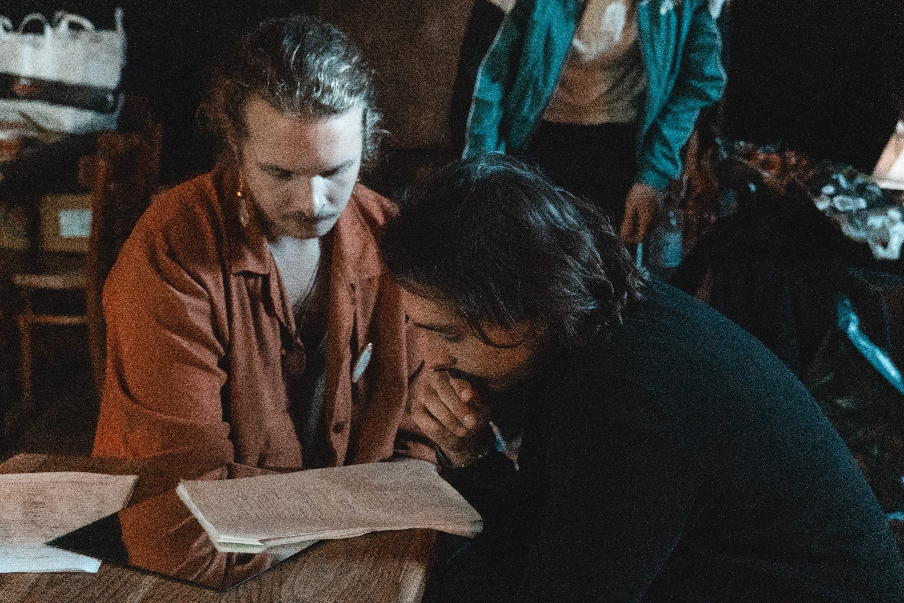 going through the script  with assistant director Maximilian Weigel