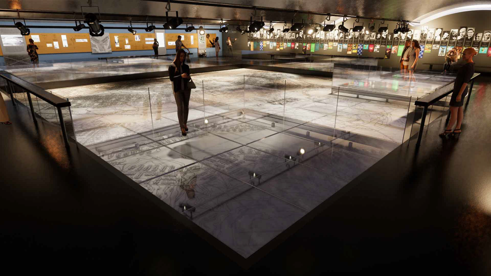 As duas plataformas para acesso do público sobre a área da maquete foram desenhadas de acordo com as dimensões previstas da própria maquete e devem ser instaladas sobre 16 módulos (4x4).