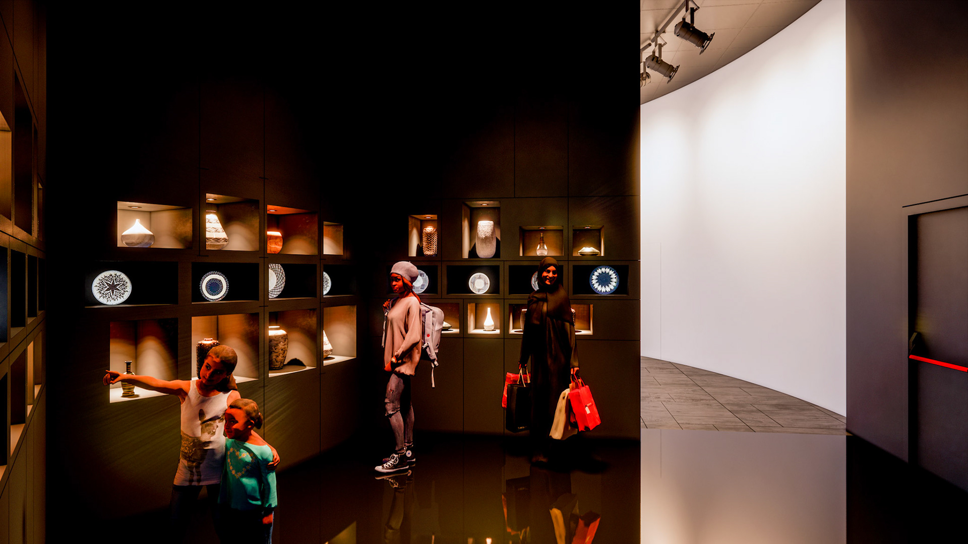 Vitrines com acervo e hologramas da sala de recursos naturais