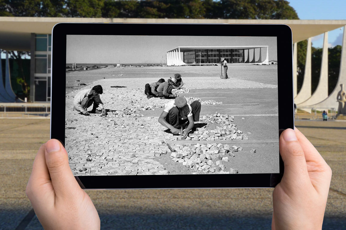 Jogo Educação Patrimonial de Realidade Aumentada - Simulação de visualização da imagem histórica no mesmo lugar onde foi feita