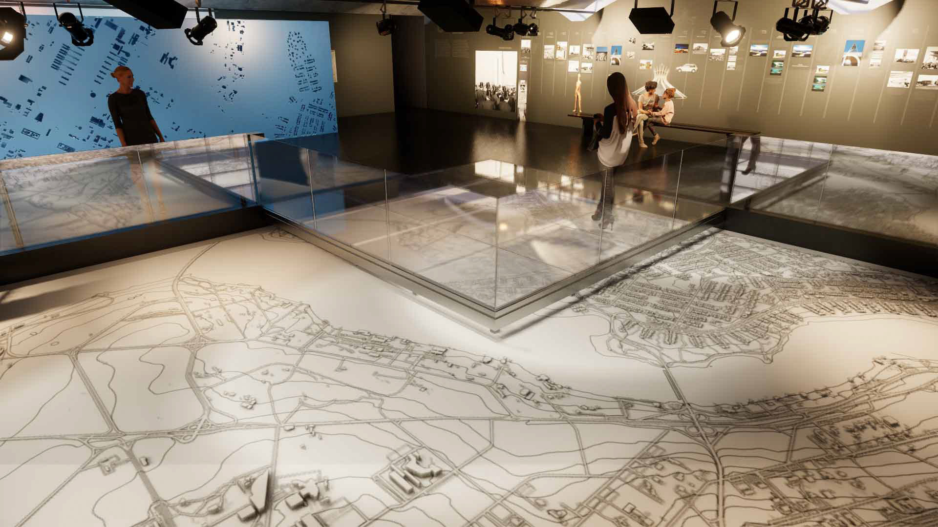 Os pilares de sustentação, com estrutura metálica, serão colocados na união de quatro módulos, como mostra a perspectiva. Os vidros que limitam a área de acesso dos visitantes nas plataformas se estendem a todo contorno da maquete, criando uma proteção contra a poeira e acesso acidental do público.