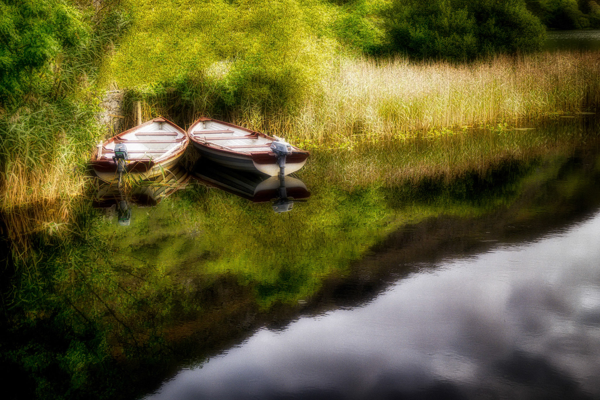 Two boats docked on the shore