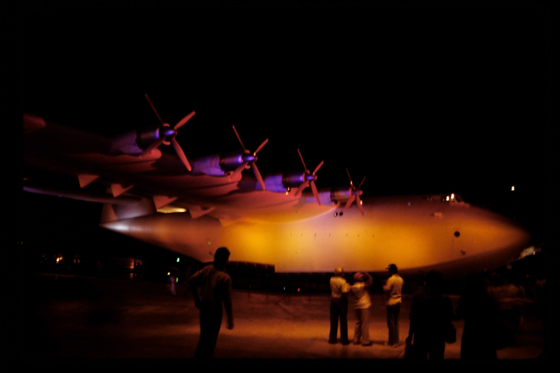 This pic from many years ago - pre-digital camera era. The plane was on display in southern California.One of the amazing facts about it is that a 747 could fit under EACH wing! It was that large.NOTE: it may not be legal for me to sell downloads nor prints of this image, so email me if you are interested and I'll research further.