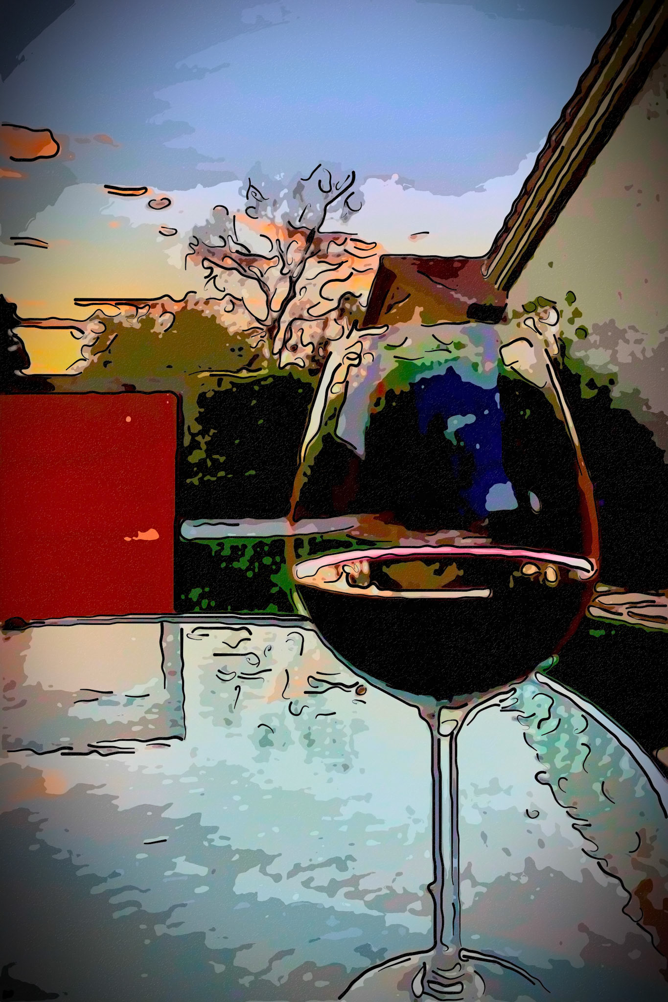 Having a glass of wine in our backyard in Arizona, USA at sunset on a summer day.