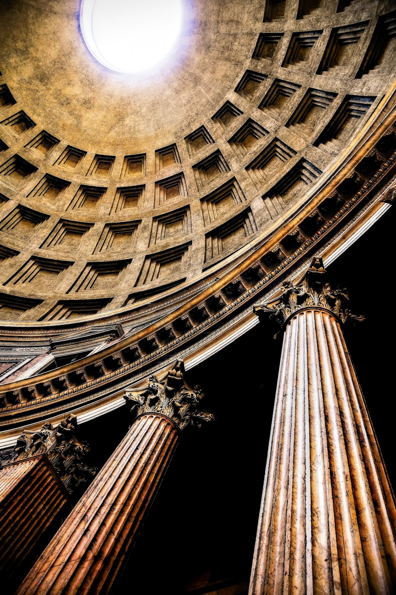 Interior view of the columns and dome architecture. The dome is 142 feet high. The original building was built around 126 AD. Truly, a site to see and experience.