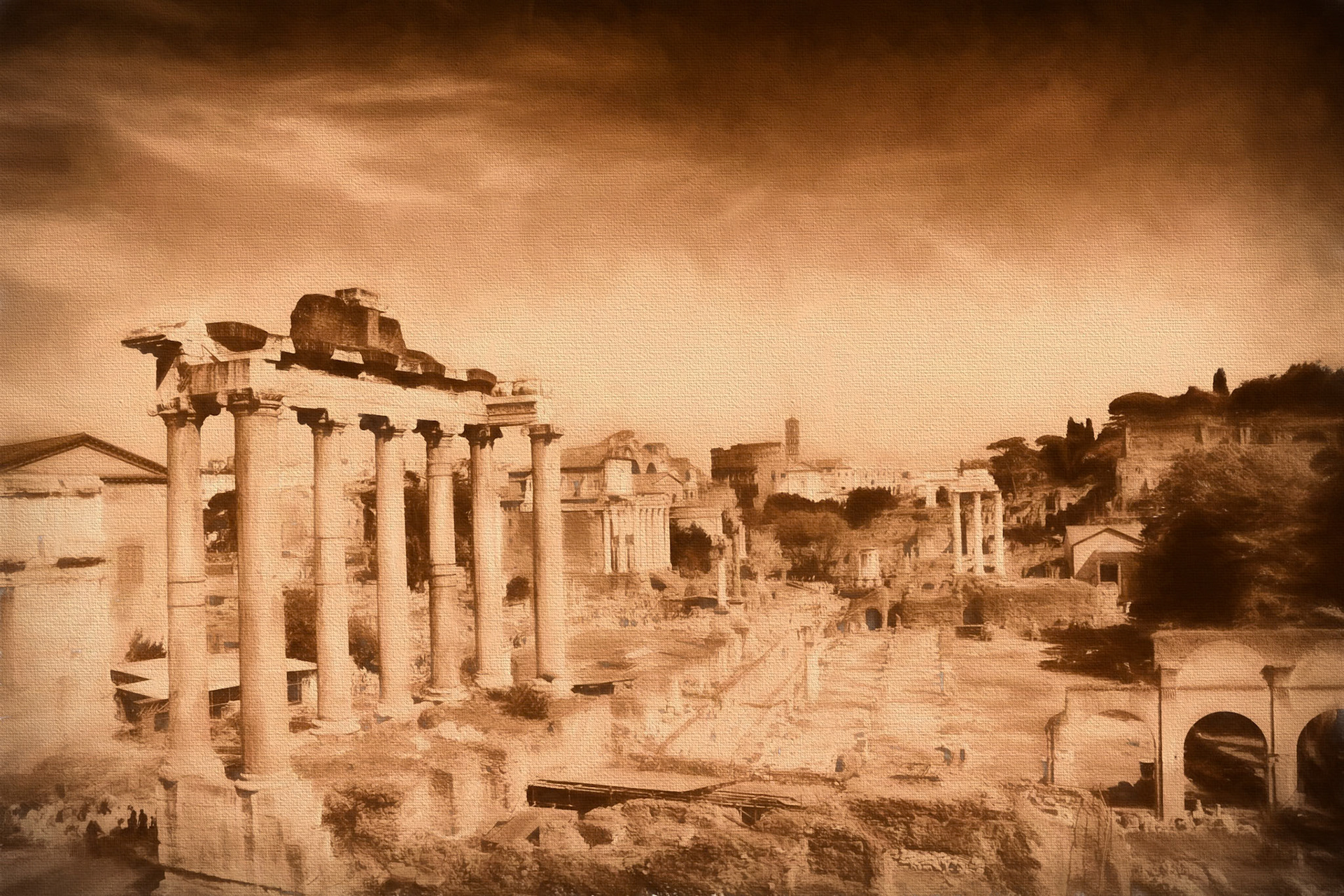 A photograph of The Roman Forum in Rome, Italy -- first converted to black and white then enhanced to appear to be a painting on canvas in sepia tone. The Forum was built between 29 BC and 203 AD and took various forms during this timeframe.