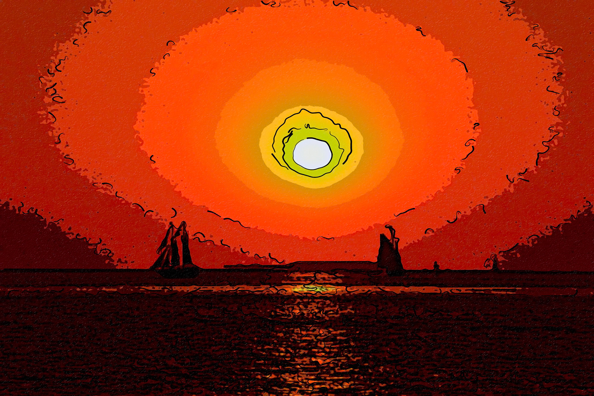 Amazing sunset in the Florida Keys, Florida, USA, with boats silhouetted.