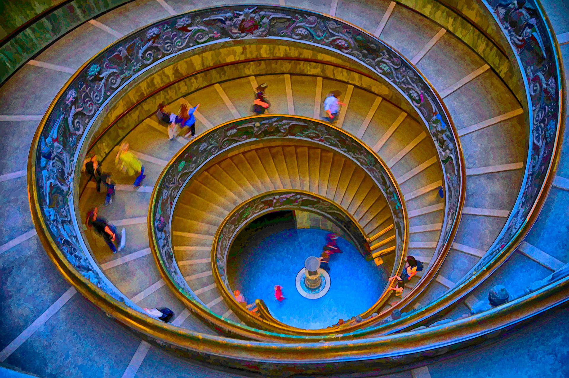 Enhanced colorful version of the circular stairway in the Vatican Museum, Rome, Italy