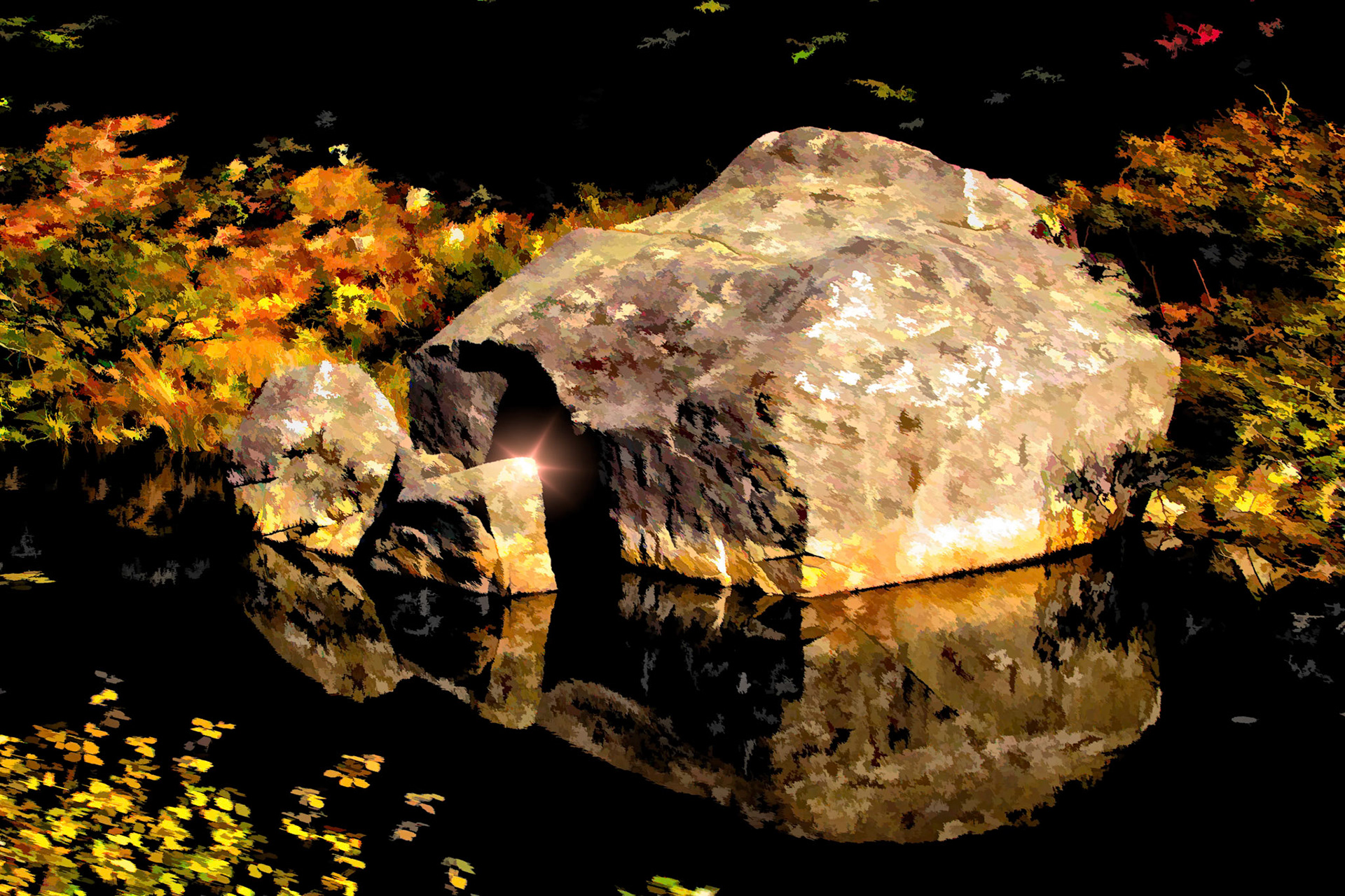 A rock in the river, split by time passing, enhanced to sparkle. Photo taken while riding the Conway Scenic Railroad out of New Hampshire, USA