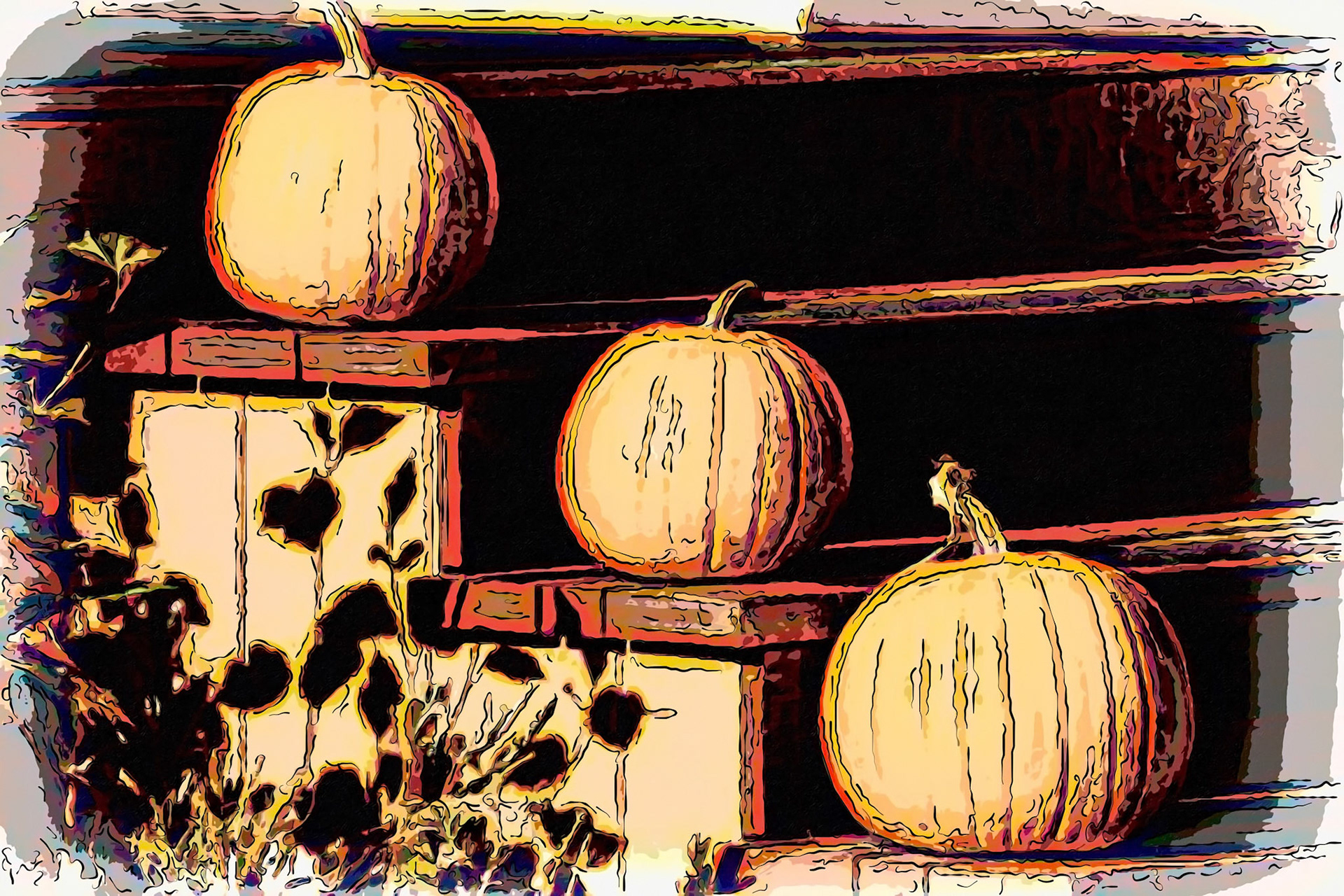 Pumpkins displayed on stairs in the sun.