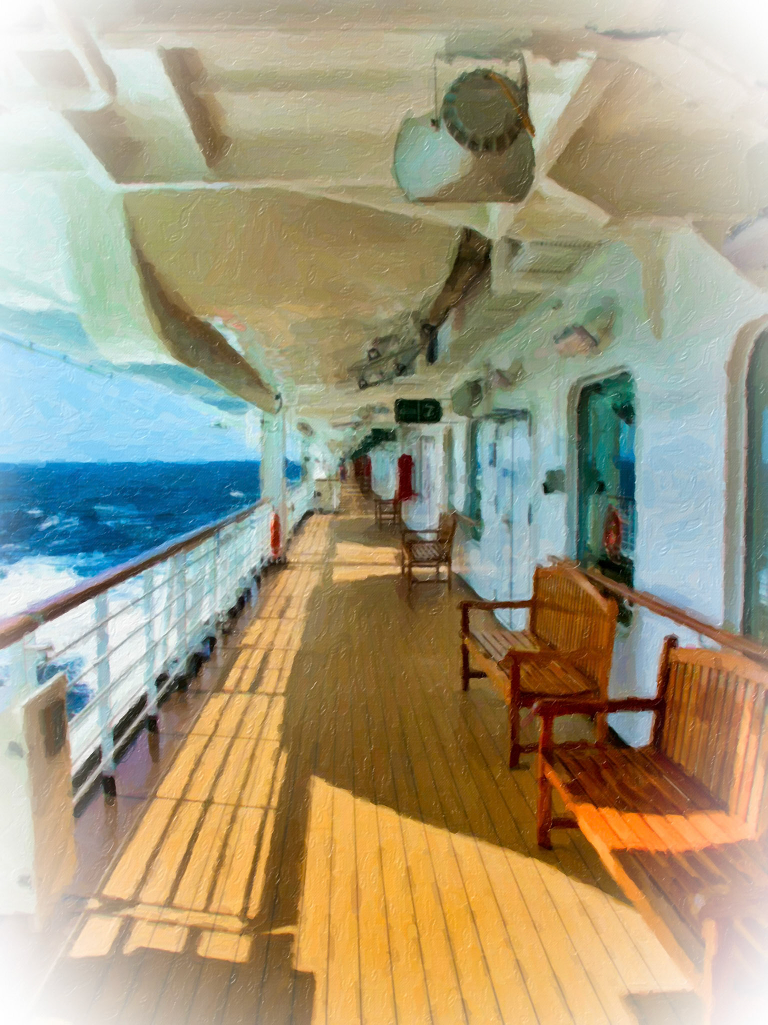 On deck of cruise ship in the middle of the ocean headed toward the Panama Canal.