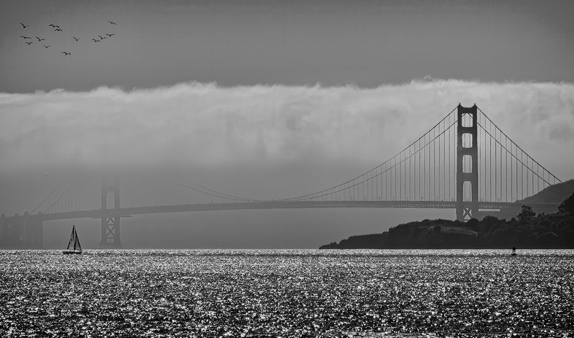 The Golden Gate Bridge covered in fog