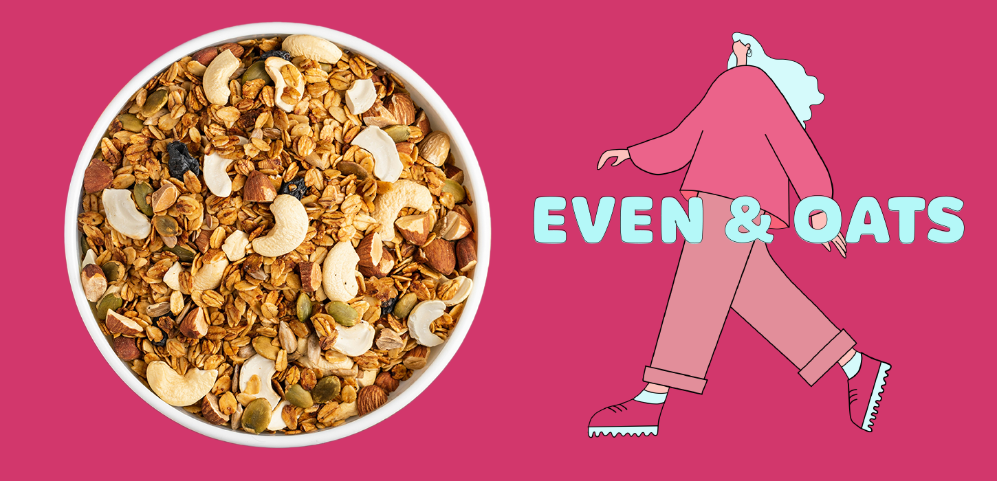 Even & Oats is a fictional high-protein oatmeal brand designed for active and health-conscious women between 20 and 35. The product combines vibrant flavours, fun branding and high nutritional value – offering a playful alternative to traditional oats.