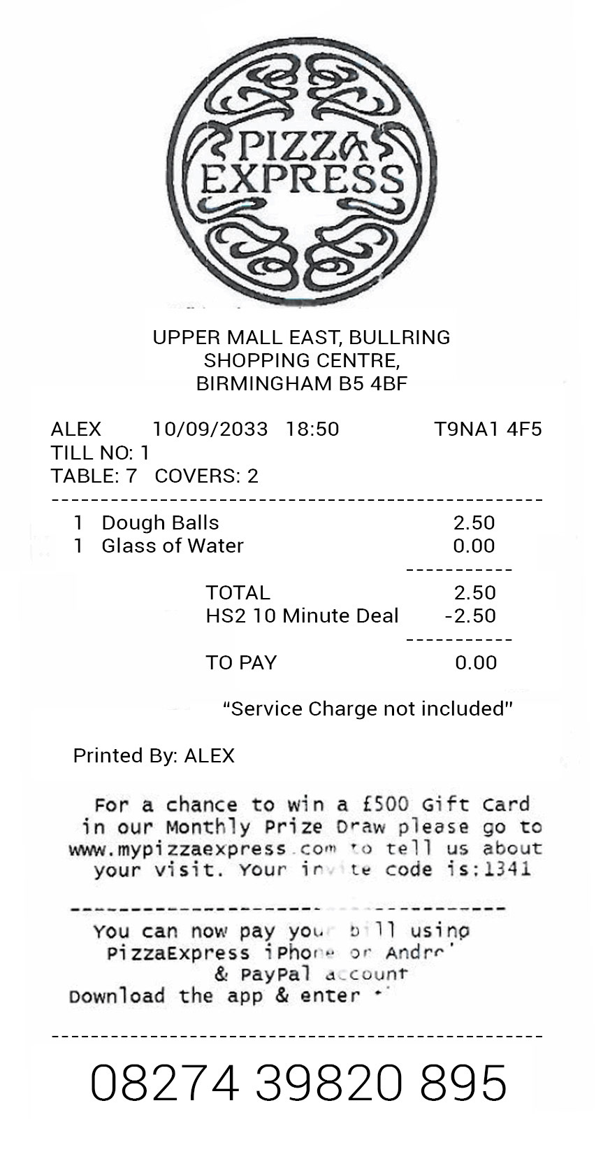 Receipt utilising the '20 Minute Tourism' discount