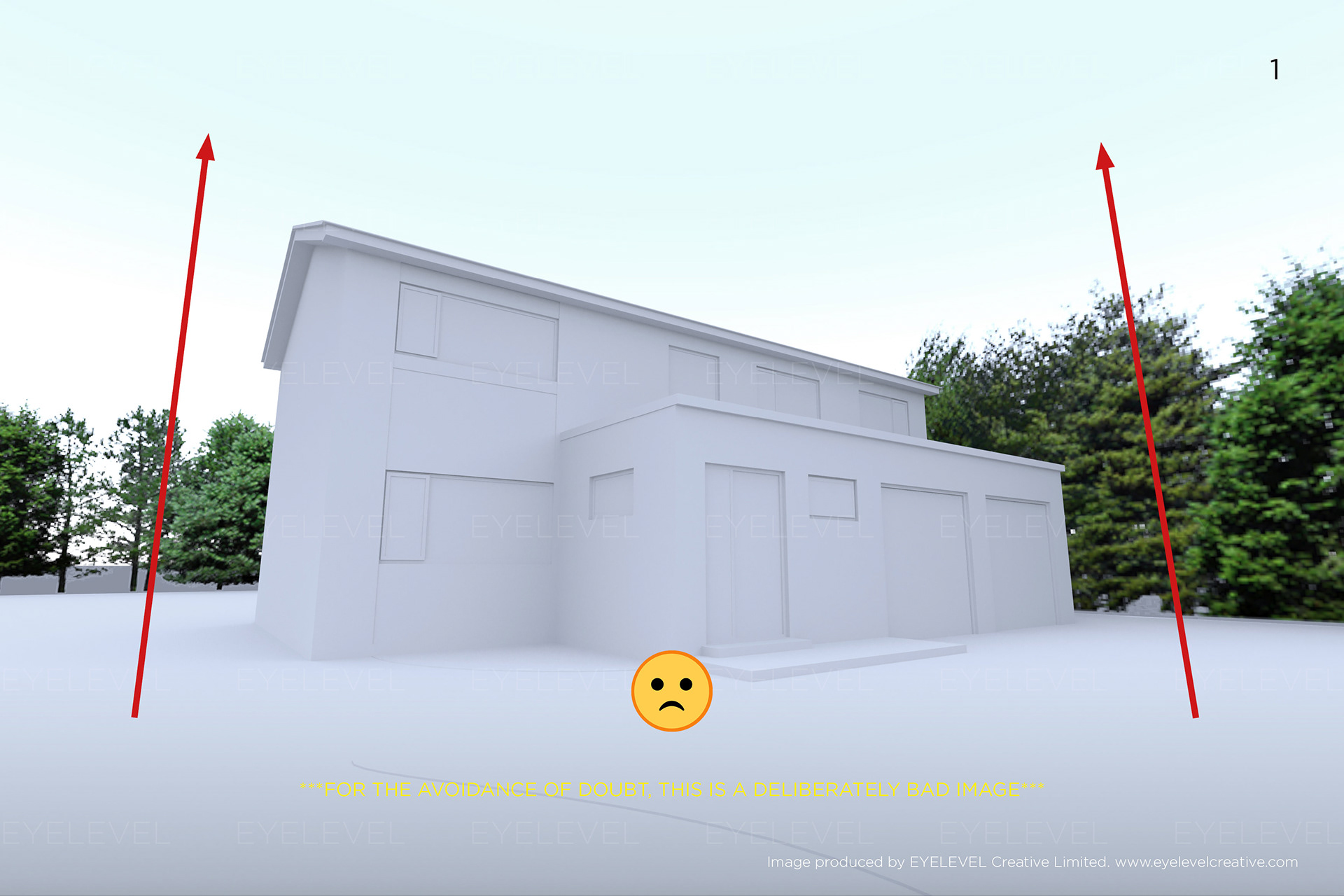 Perspective Control - Camera pointing upwards with no tilt and shift correction – three point perspective. Produces nauseating converging verticals.
