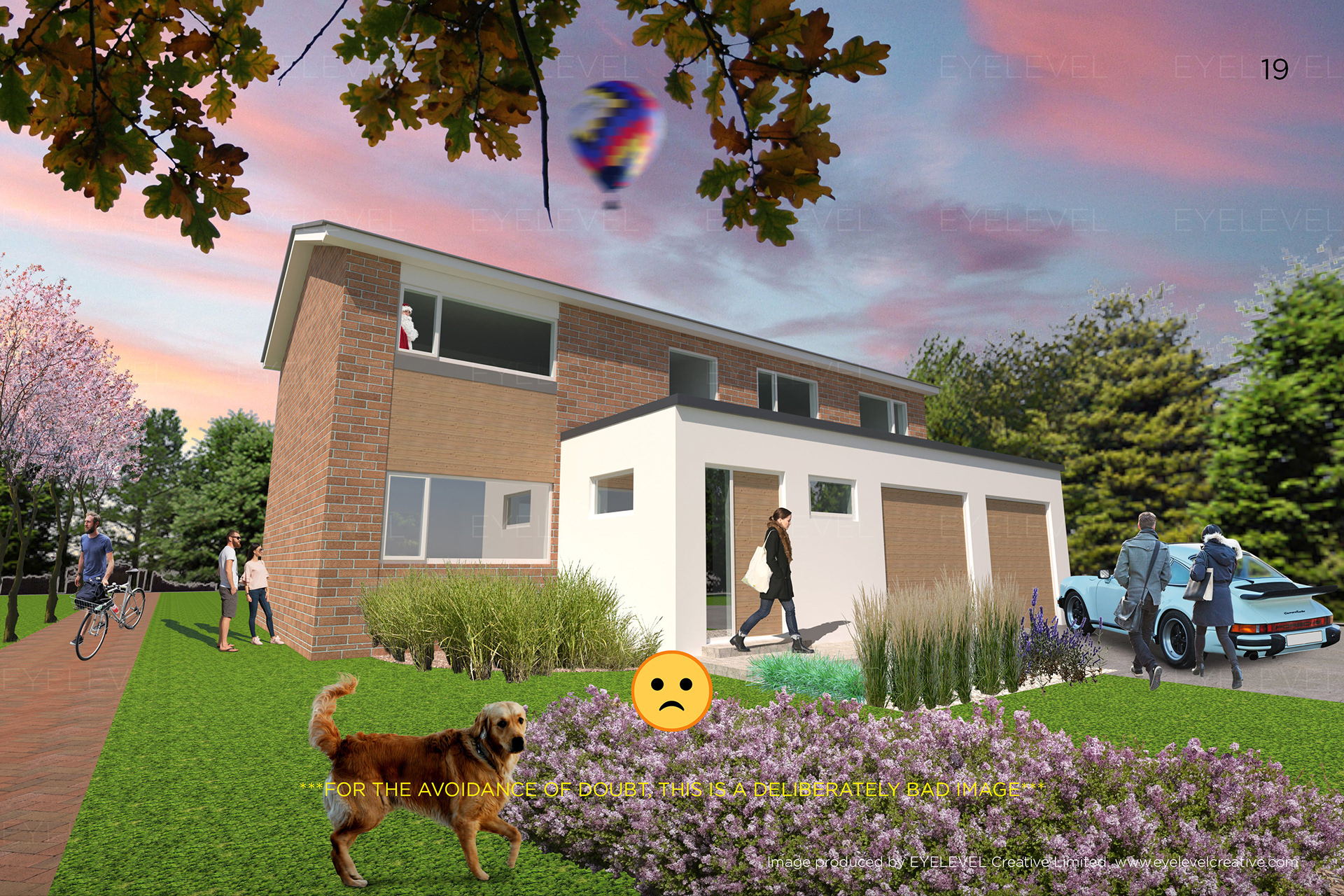 ntourage & Assets - Arbitrarily placed entourage. Dog precariously positioned close to bottom edge of image. Out of scale hot air balloon.