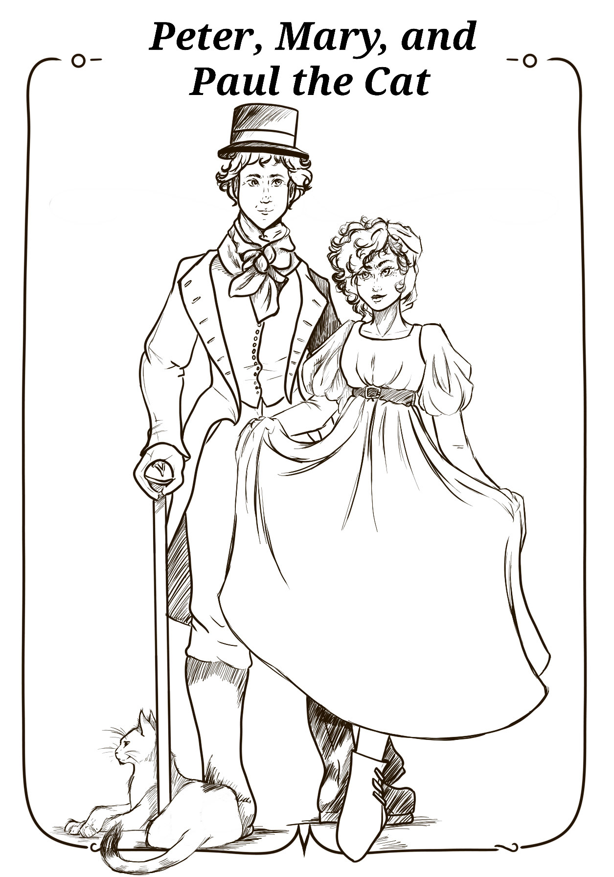Coloring page featuring a cat and two people