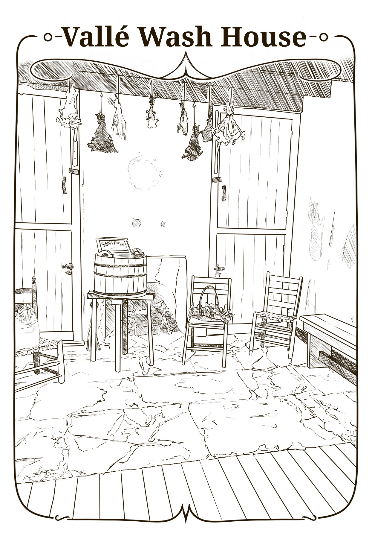 Coloring page featuring the inside of a 1830s wash house