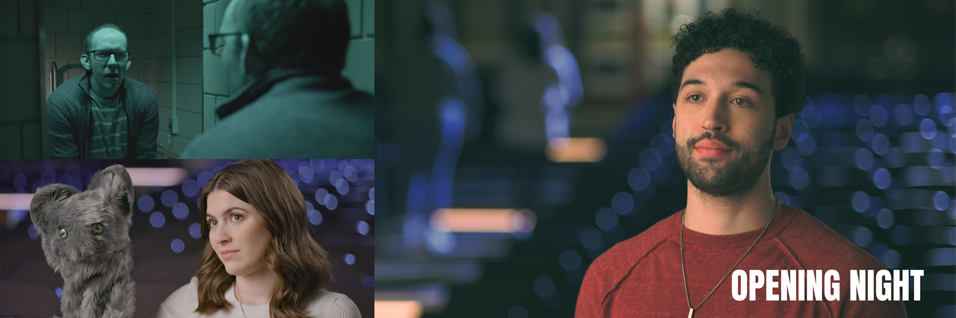 Three film stills from The Brookside Project's short film, Opening Night,