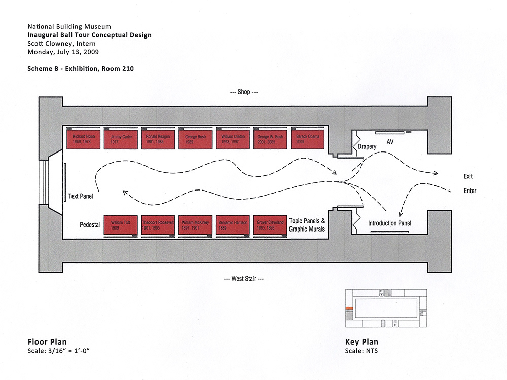 Floor plan concept for an exhibition related to the National Building Museum’s Inaugural Ball Tour, which highlights celebrations held at the historic building.