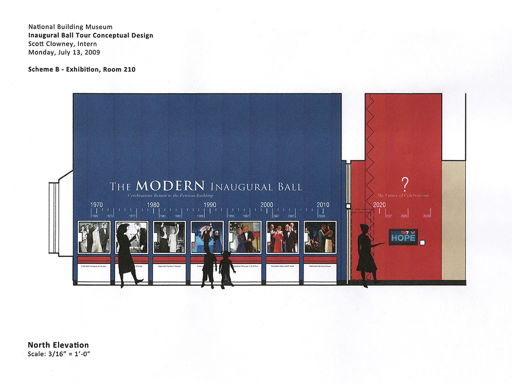 Elevation concept featuring a focal wall dedicated to modern celebrations (1969 to 2009) at the Pension Building, with a closing film that speculates on future celebrations through 2029.