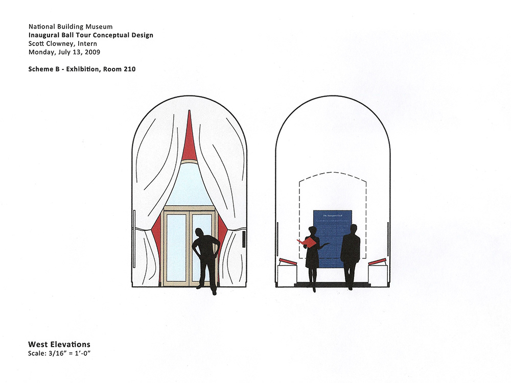 Two elevation concepts for the Inaugural Ball Tour exhibition.