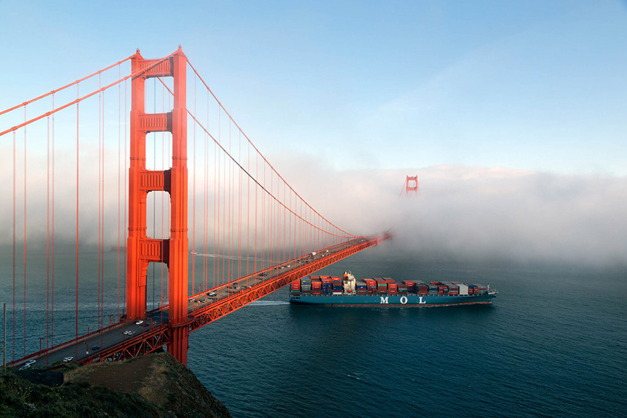 3. When advection fog forms near San Francisco’s Golden Gate Bridge, workers sound foghorns to help guide vessels as they pass under it. Highsmith recorded this enchanting scene in 2012.