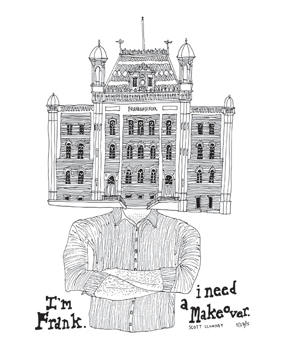 Clowney’s caricature of the Franklin School in Washington, DC, designed by Adolf Cluss, titled “Frank,” drawn in 2015.