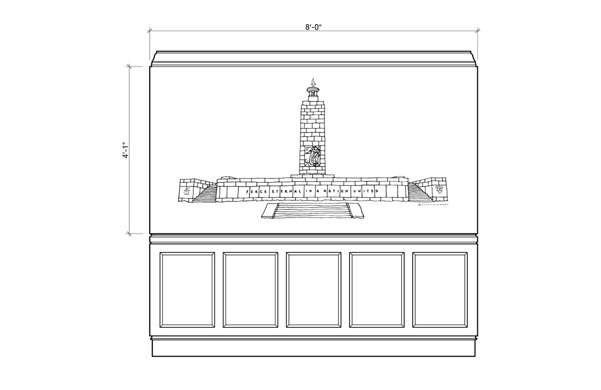 Elevation showing the simplified final design of the Eternal Peace Light Memorial applied to the stair landing wall, 2021. © Scott Clowney