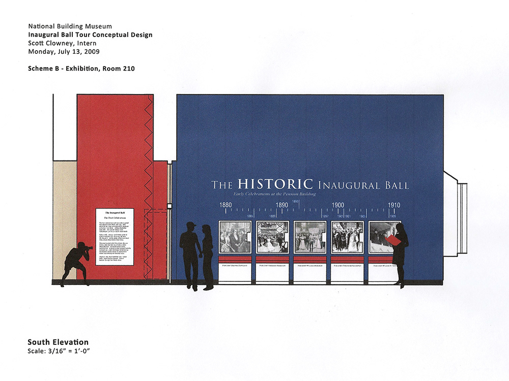 Elevation concept introducing Inaugural Balls held at the historic building, featuring a focal wall dedicated to early celebrations (1885 to 1909) at the Pension Building.
