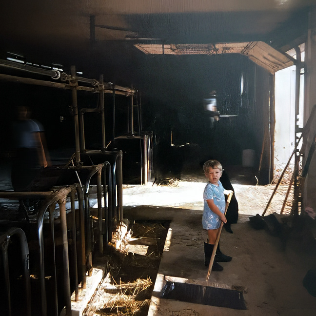 Clowney as a toddler, busy sweeping in the barn. Photo by Joanne Clowney