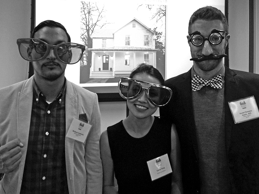 Clowney, shown on the right, stands “disguised” with fellow staff during AIA Washington DC’s 125th Anniversary Party in 2012. Photo by Bradley W. Johnson