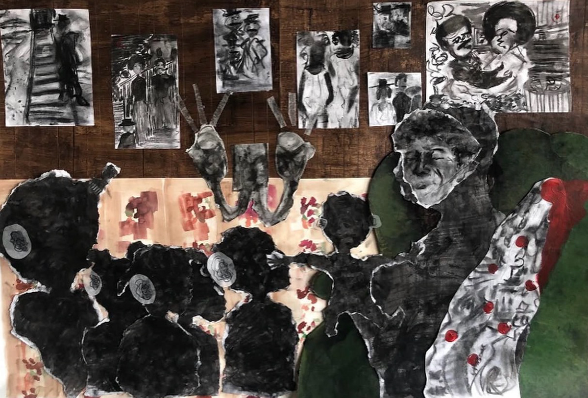 The Wise Woman Speaks, Charcoal, Tape, Parchment, & Acrylic on Bristol, 48" x 36", 2022