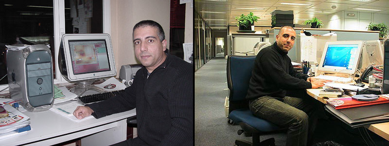 En Mediasat Group como diseñador gráfico. A la izquierda año 2001, a la derecha año 2005.