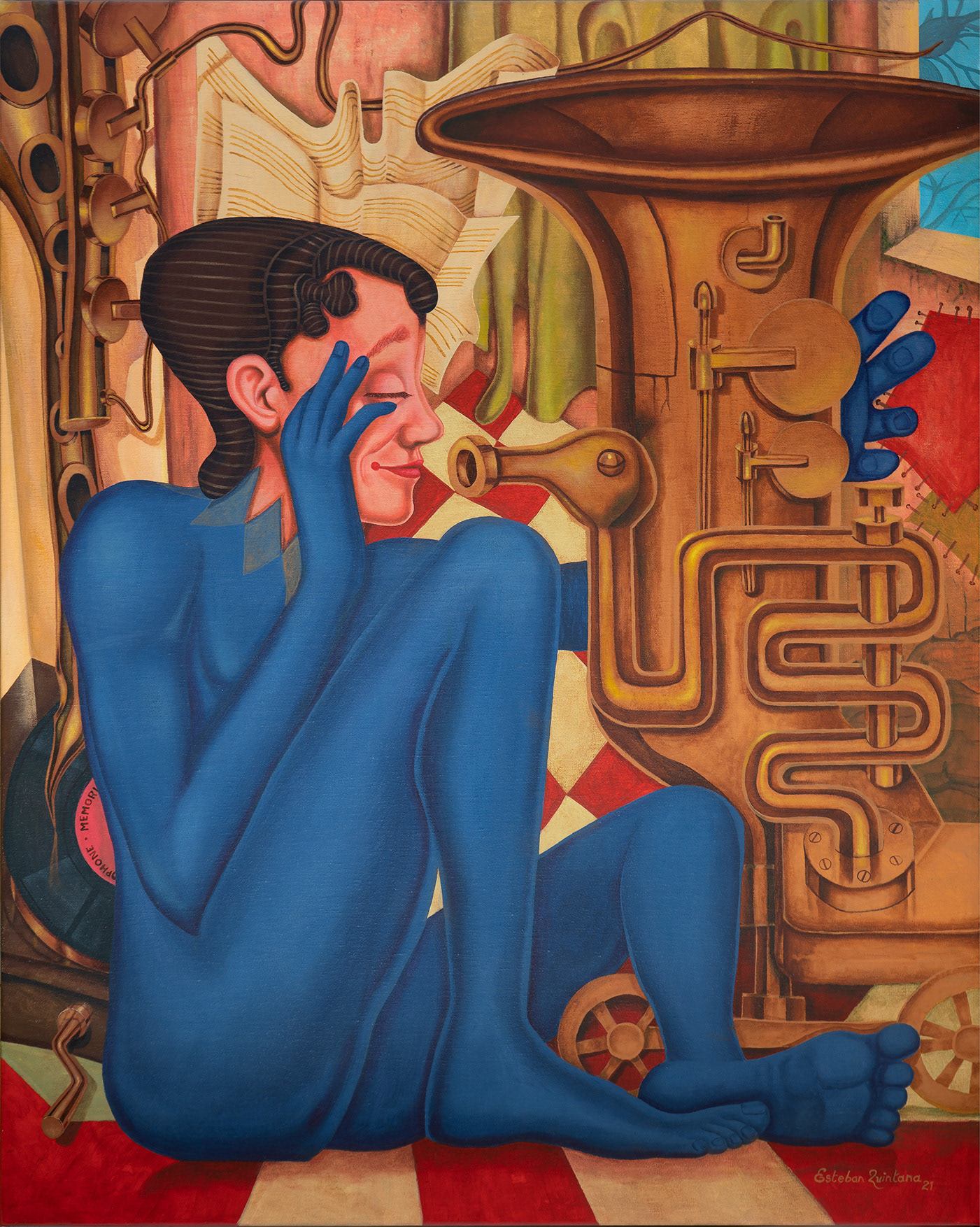 Tocando un tema musical con mi pájaro del viento.  Acrílico/lienzo. Oct. 2, 2021.