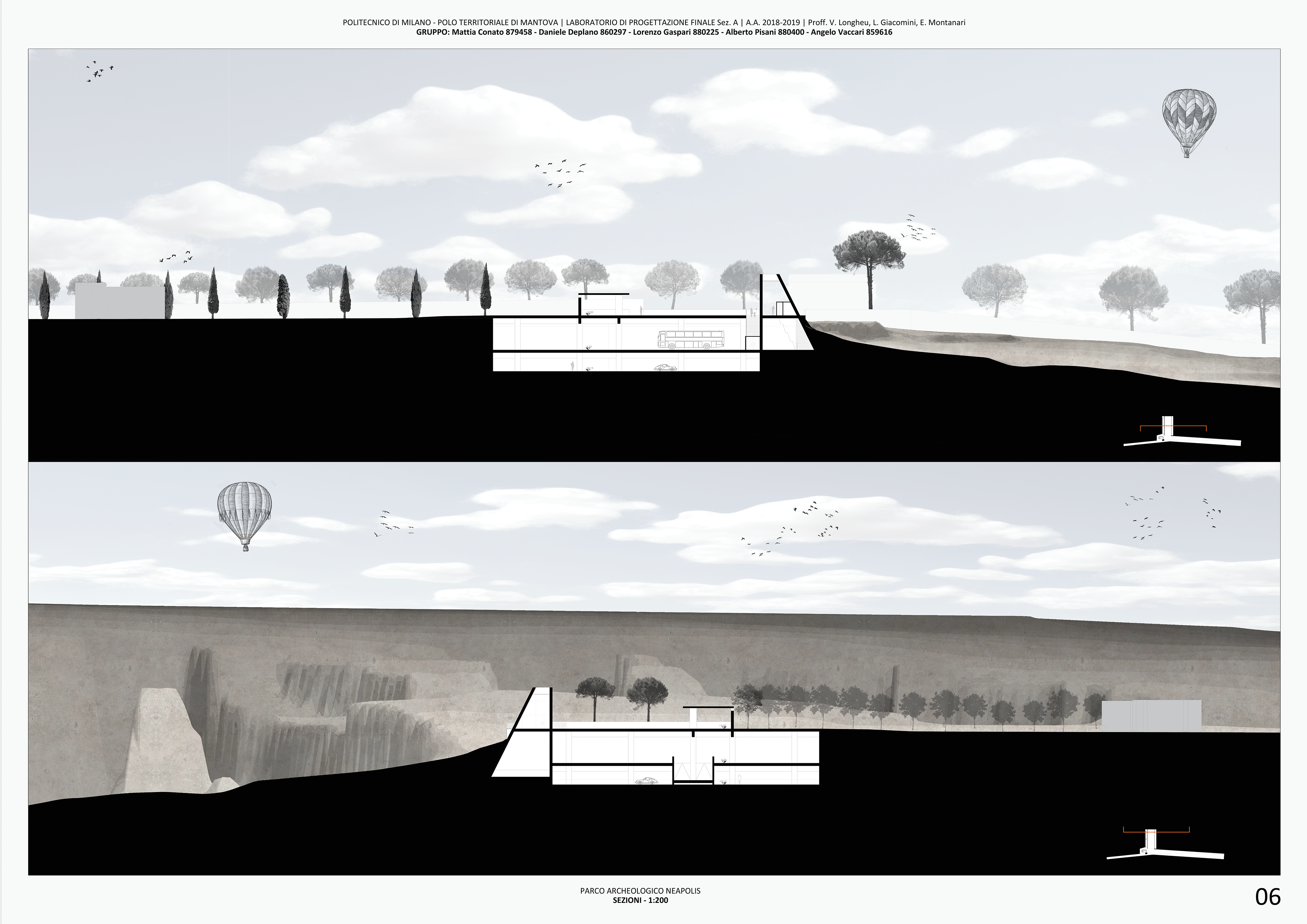 project sections with the relation with the latomia del paradiso