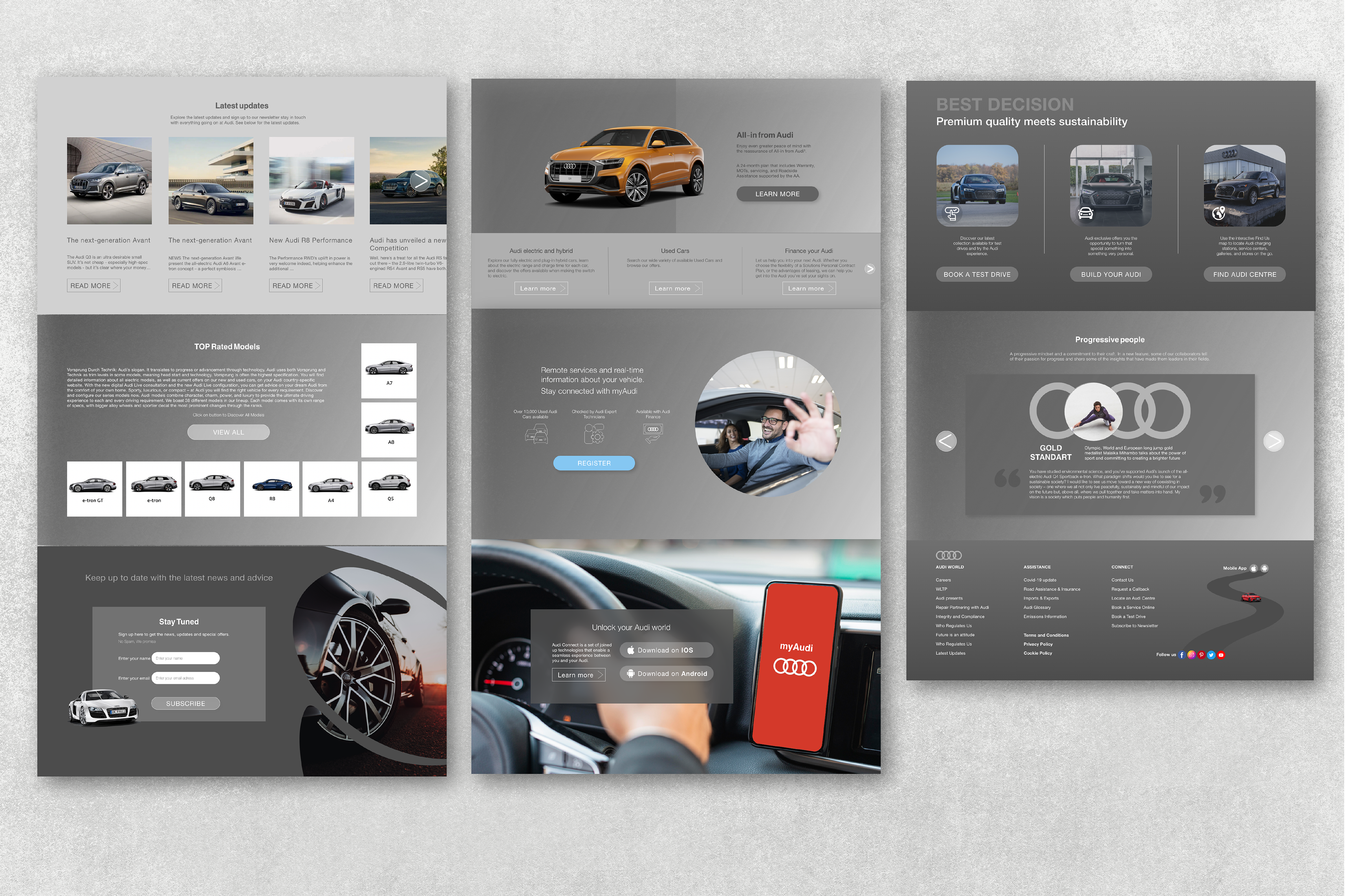 Mock up of the Landing page for Audi's website. Include 8 pages + footer.