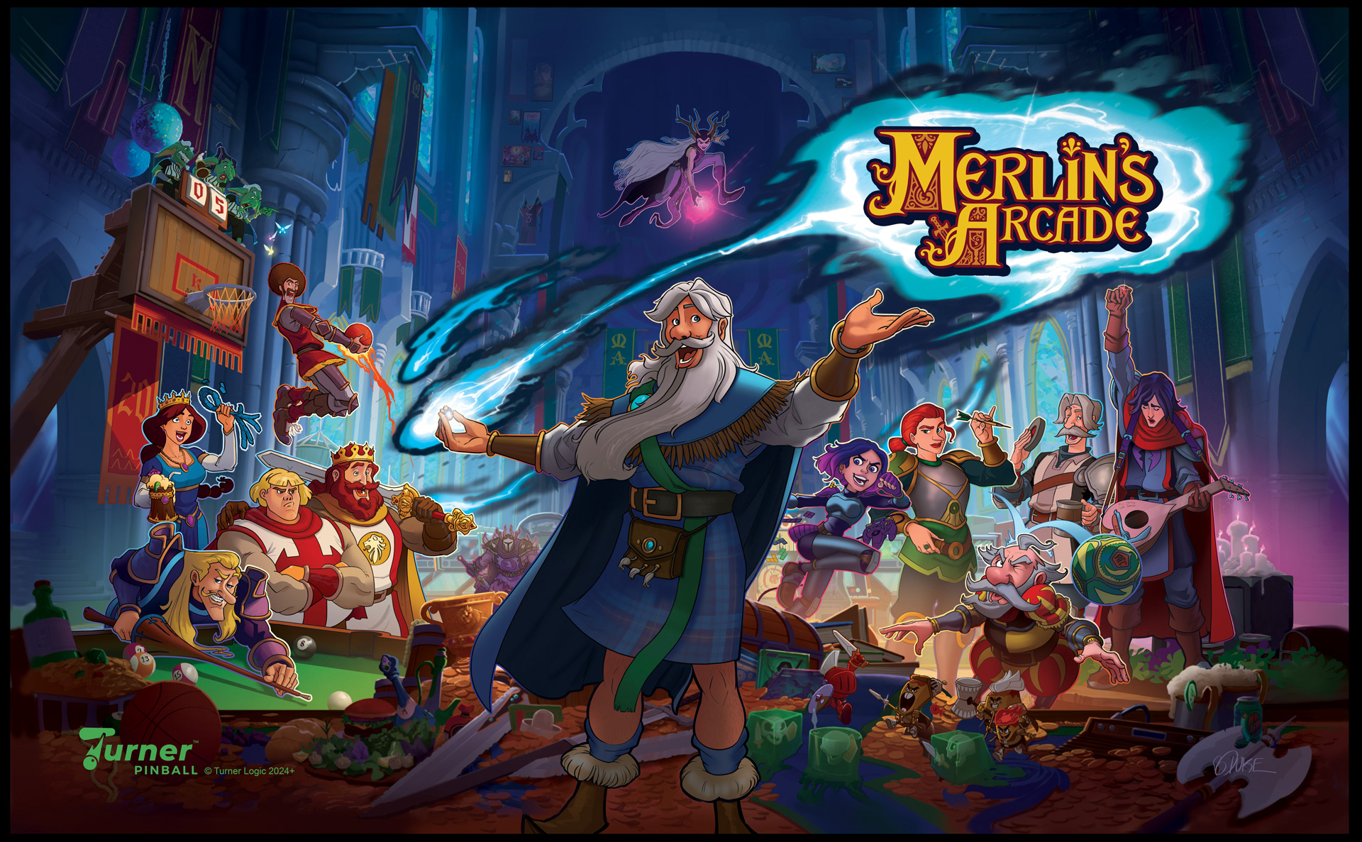 Merlin's Arcade Backglass Artwork, Character design by Kendall Hale. ©Turner Logic 2023+ All Rights Reserved