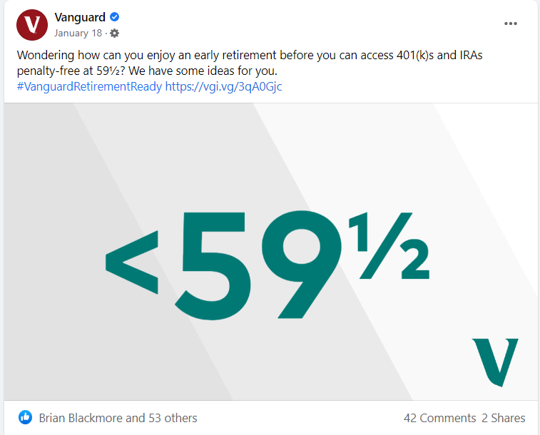 Image and copy for Vanguard. Large number posts grab attention. 