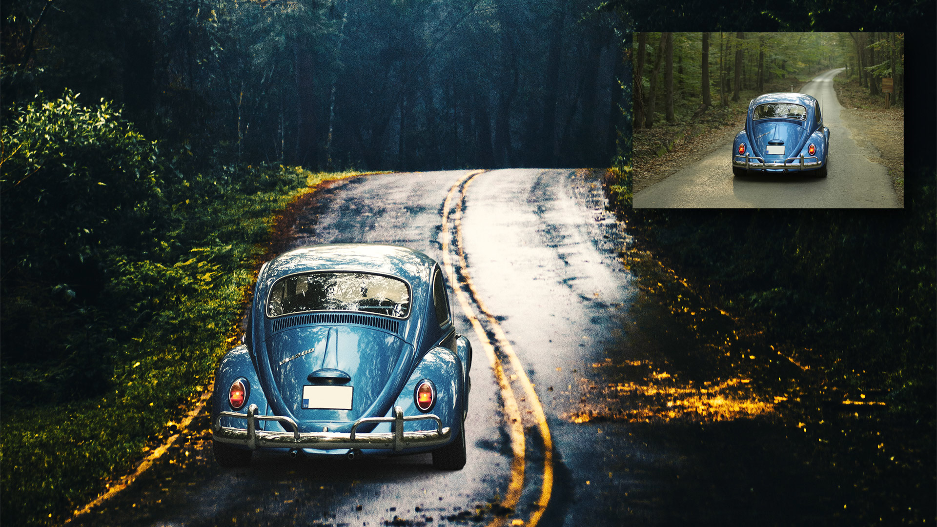 Composicion en Photoshop, Beetle en calle mojada