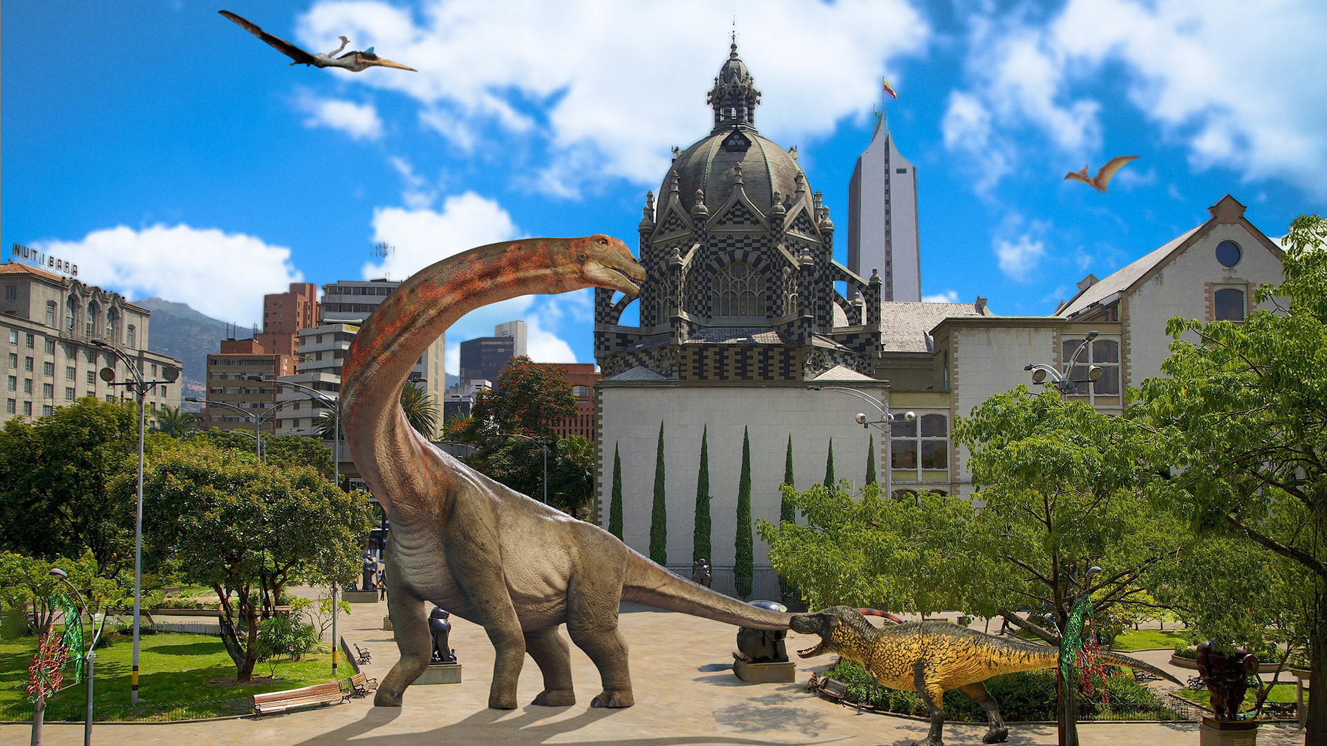 Composicion en Photoshop, Dinosaurios en el Parque Berrío