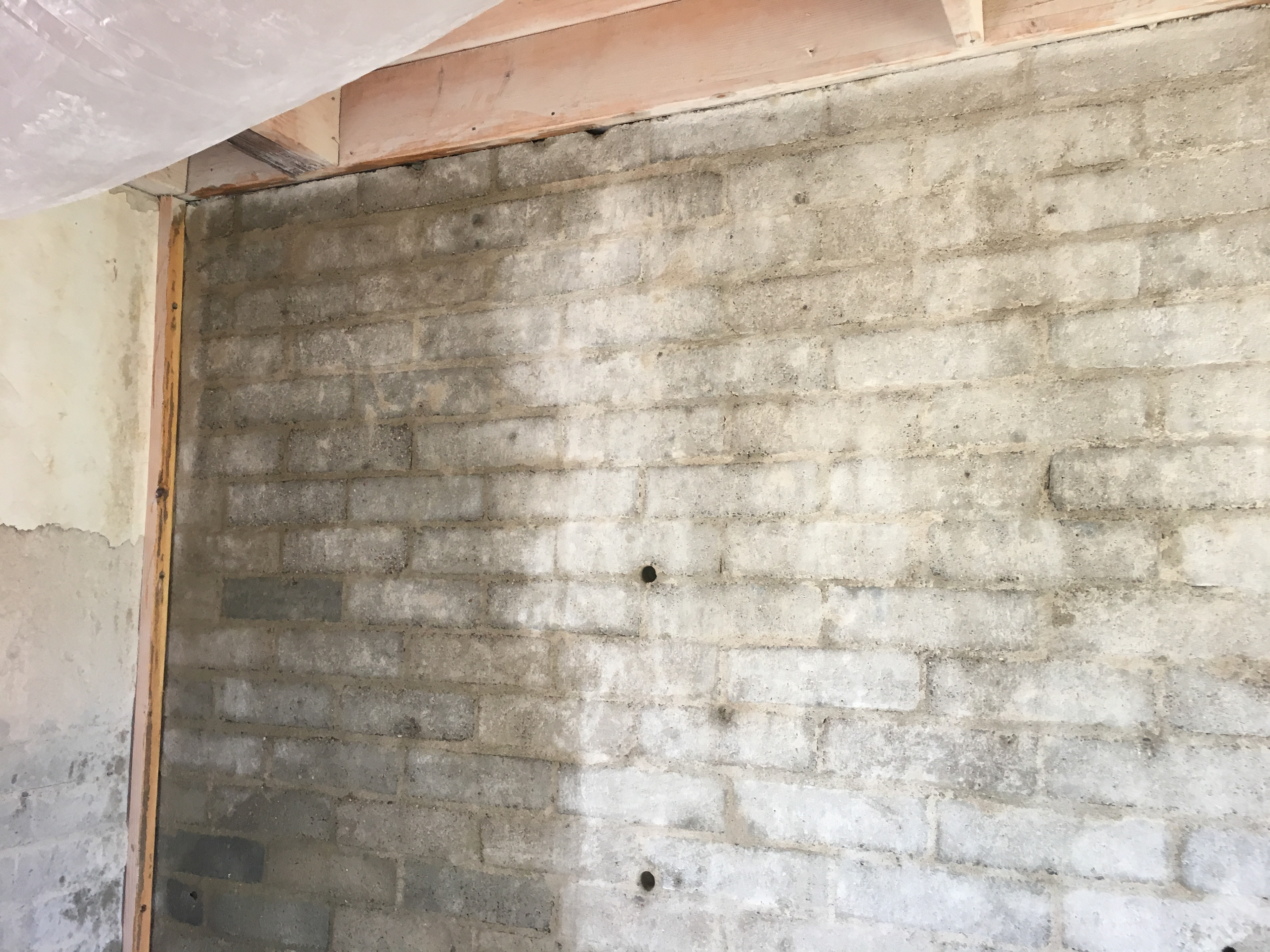 Damaged plaster was removed with muratic acid reveal the masonry.