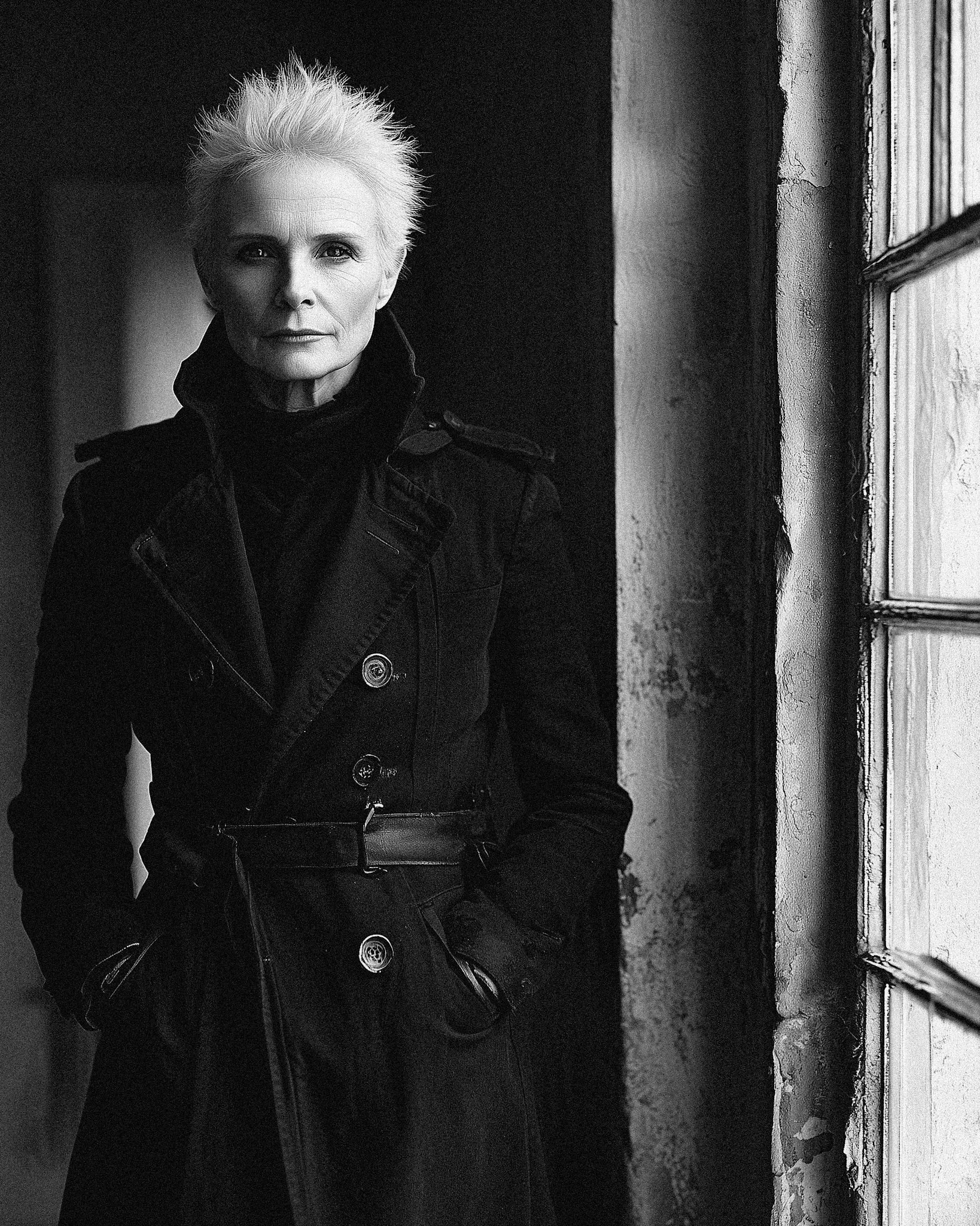 Full-body black and white portrait of a 42-year-old European woman with extremely pale skin, captured with a large-scale plate camera. The image is in the style of Nick Knight, using Fuji Acros II film simulation for deep contrasts, fine grain, and a soft, timeless quality. The composition emphasizes her elegance and poised stance, with stark lighting that accentuates the texture and contours of her form. The background is minimalist to draw attention to her pale skin and refined expression --chaos 55 --ar 4:5 --quality 2 --stylize 500 --v 6.1 Job ID: 1efc067b-7997-486b-a576-8a0f6ff306c7