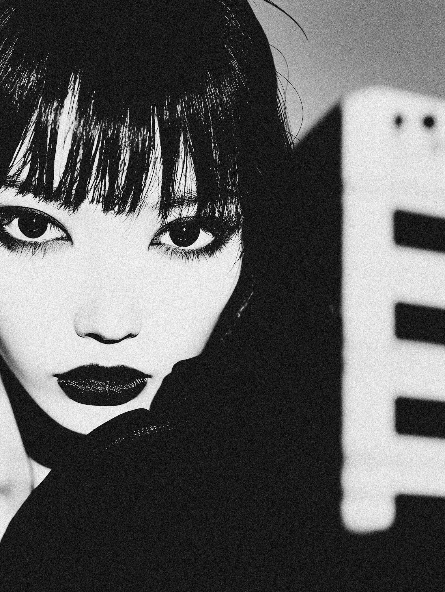 cinema stil, Abstract Shadow Play, frontal face of a 33year old Japanese woman with bold hear, cyberpunk setting, fuji acros film sim --ar 3:4 --style raw --profile 3meuale --stylize 1000 --v 6.1 Job ID: 5df1e095-b3bc-456a-b286-23cf555d7cd6