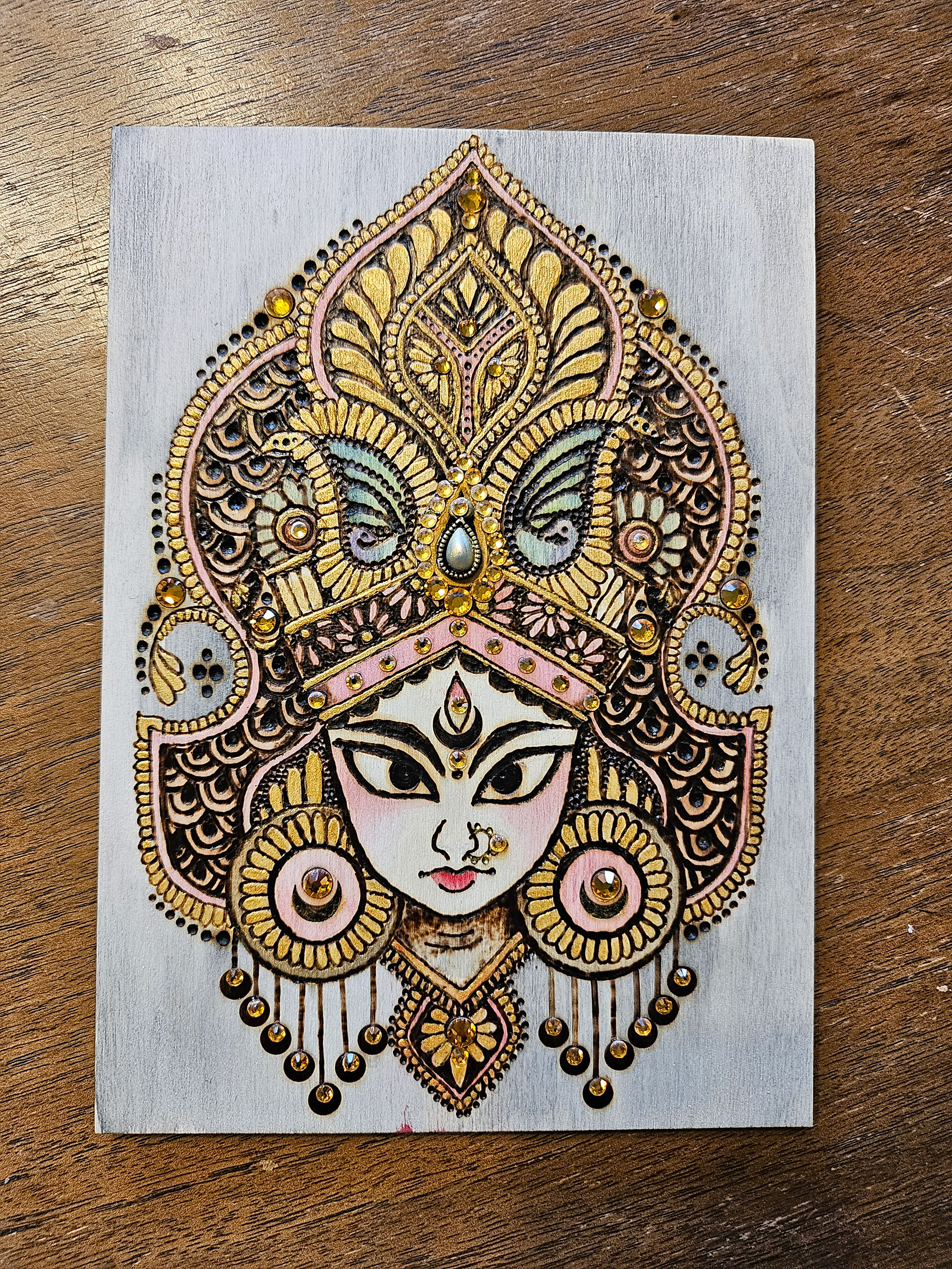 4x6 Wood burning, acrylics, and stones on board