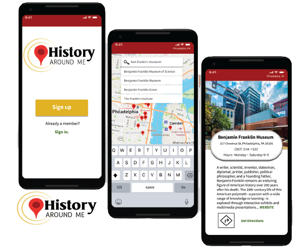 Graphic of three mobile phones mocked up with splash screen, search screen, and an event/category screen.