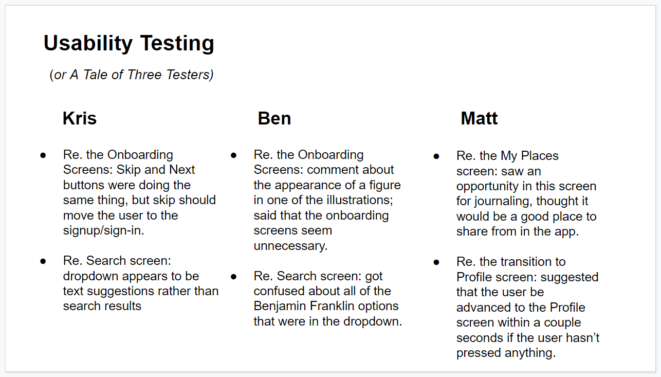 Usability Testing comments.