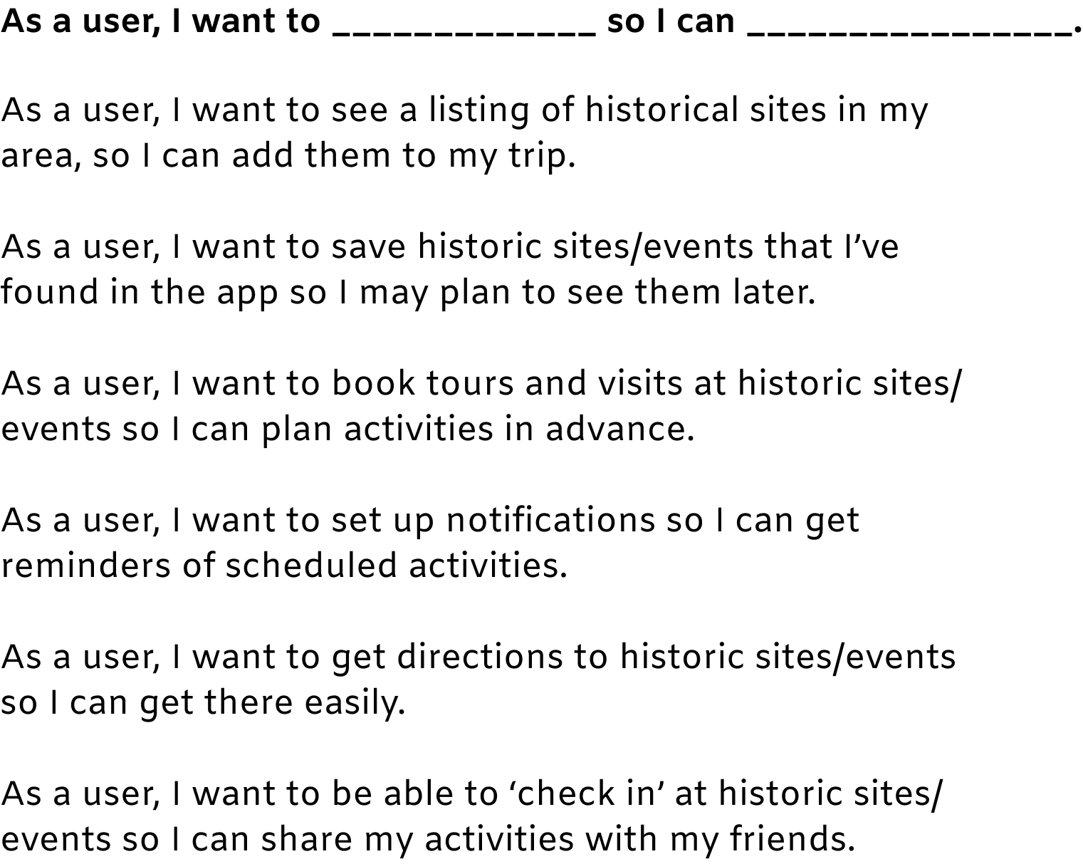 List of User Stories